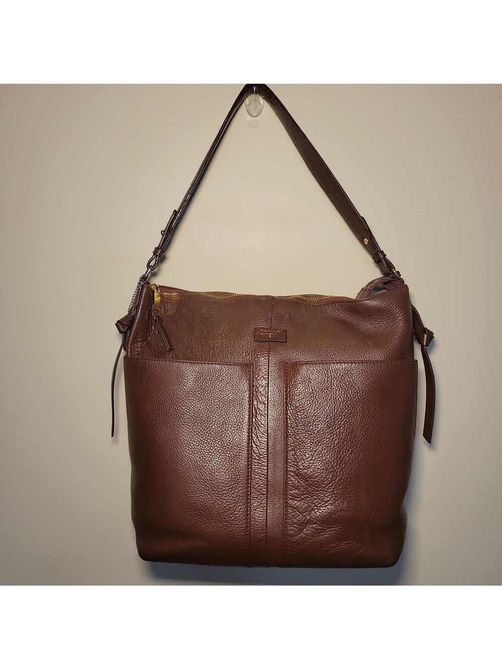 Tahari Women's Leather Shoulder Bag Brown 12in by 12in Boho Chic Purse Used
